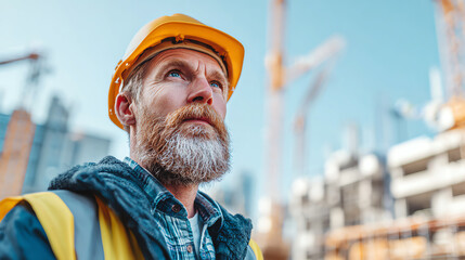 A thoughtful construction worker in a hard hat observes a busy construction site, embodying dedication and safety in his profession.