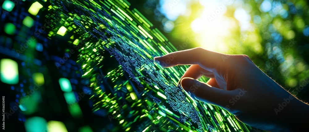 Poster a hand interacts with a digital interface displaying vibrant green and blue data streams, blending t