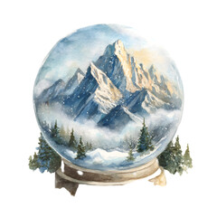 Watercolor painting of a snow globe featuring majestic snow capped mountains and pine trees isolated on transparent background
