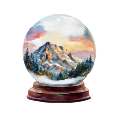 Watercolor painting of a snow globe with a mountain landscape and forest isolated on transparent background