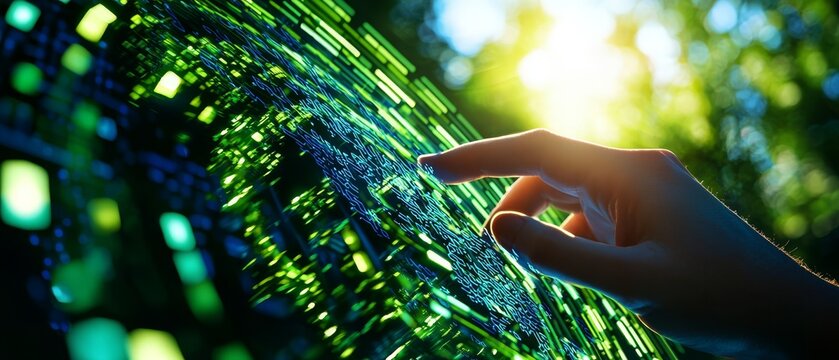 A hand interacts with a digital interface displaying vibrant green and blue data streams, blending technology with a natural background.