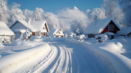 Snowy Village Landscape with Quaint Houses and Winter Scenery in Daylight