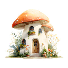 Whimsical watercolor mushroom house with arched windows and a wooden door surrounded by plants isolated on transparent background