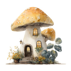 Charming watercolor mushroom house with glowing windows and potted plants isolated on transparent background