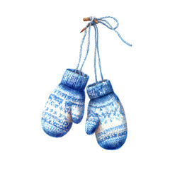 Cozy blue and white knitted mittens hanging on a twig with string isolated on transparent background