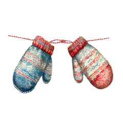 Cozy knitted winter mittens with red and blue stripes hanging on a string isolated on transparent background