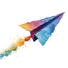 Watercolor paper airplane with colorful paint splash trail isolated on transparent background
