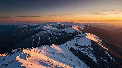 Sunrise Over Snowy Mountain Ridges With Soft Morning Light