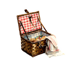 Watercolor picnic basket filled with bread and fruit with a red checkered lining isolated on transparent background