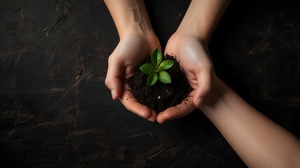 Top View of Hands Holding Fertile Soil With Young Plant