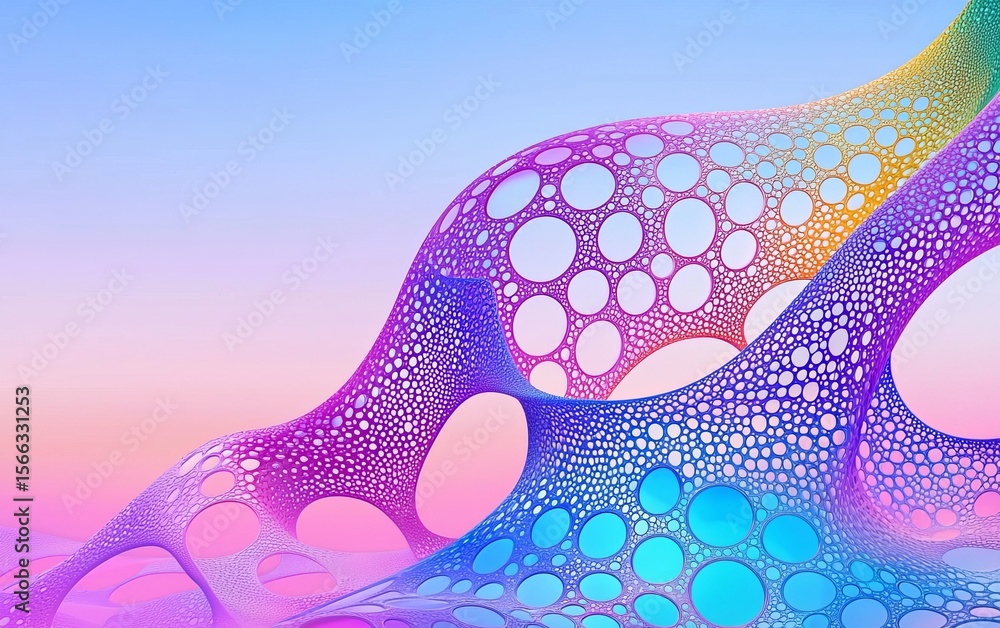 Poster abstract digital art featuring a colorful, mesh-like structure with circular patterns against a soft