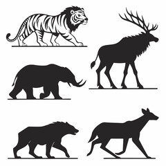 Wild Animal Silhouettes Collection – Lion, Tiger, Elephant, Deer, Bear, and Wolf Vectors

