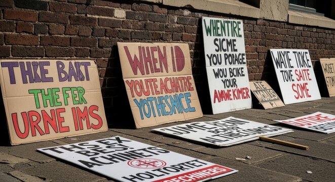 Several protest signs are propped against a brick wall, displaying misspelled and grammatically incorrect phrases.