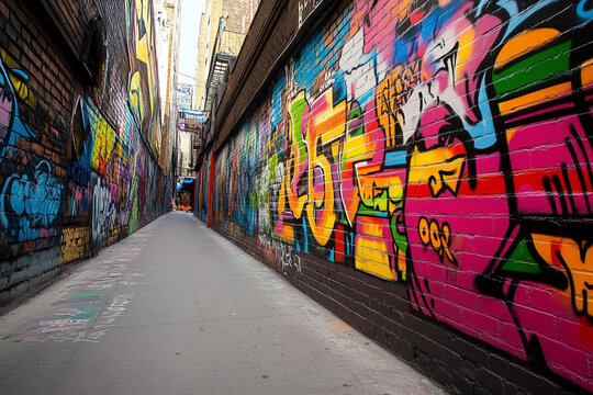 Vibrant street graffiti enhancing urban chaos in a city setting