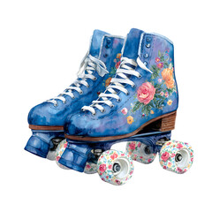 Artistic watercolor painting of blue roller skates adorned with floral patterns isolated on transparent background