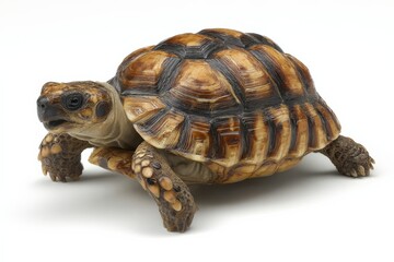 Fototapeta premium Realistic detailed close-up photo of a young tortoise with a domed walking on a white background showcasing intricate patterns and textured skin