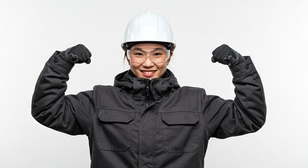 Empowered builder flexing arm muscles smiling brightly