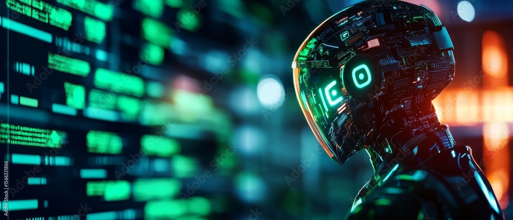 Poster a futuristic robot with a digital face examines lines of green computer code in a dark, neon-lit env