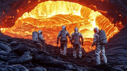 Astronauts exploring a volcanic vent