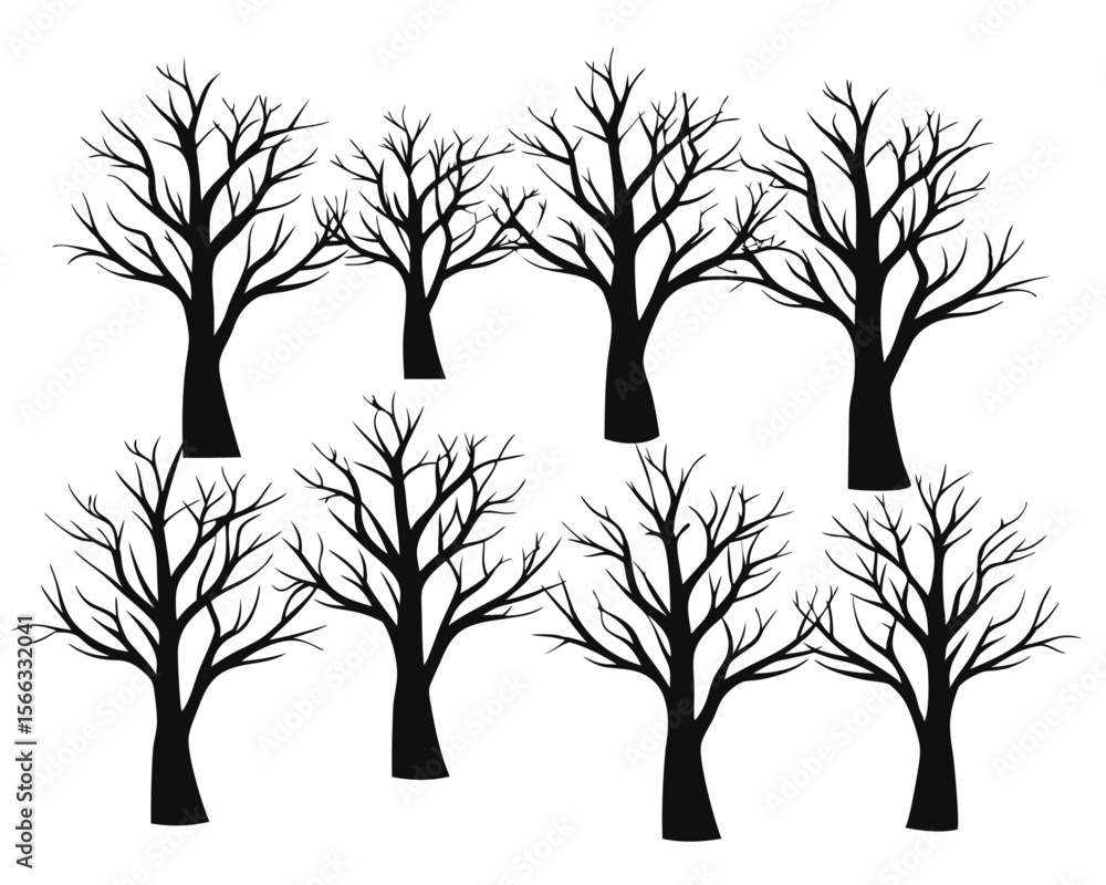 Poster a collection of bare deciduous trees meticulously rendered in a graphic style presented as a singula