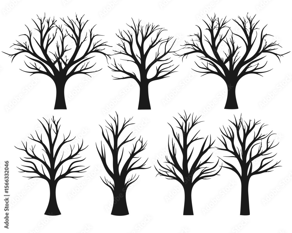 Aufkleber a curated assortment of bare deciduous trees meticulously rendered in striking black and white with 