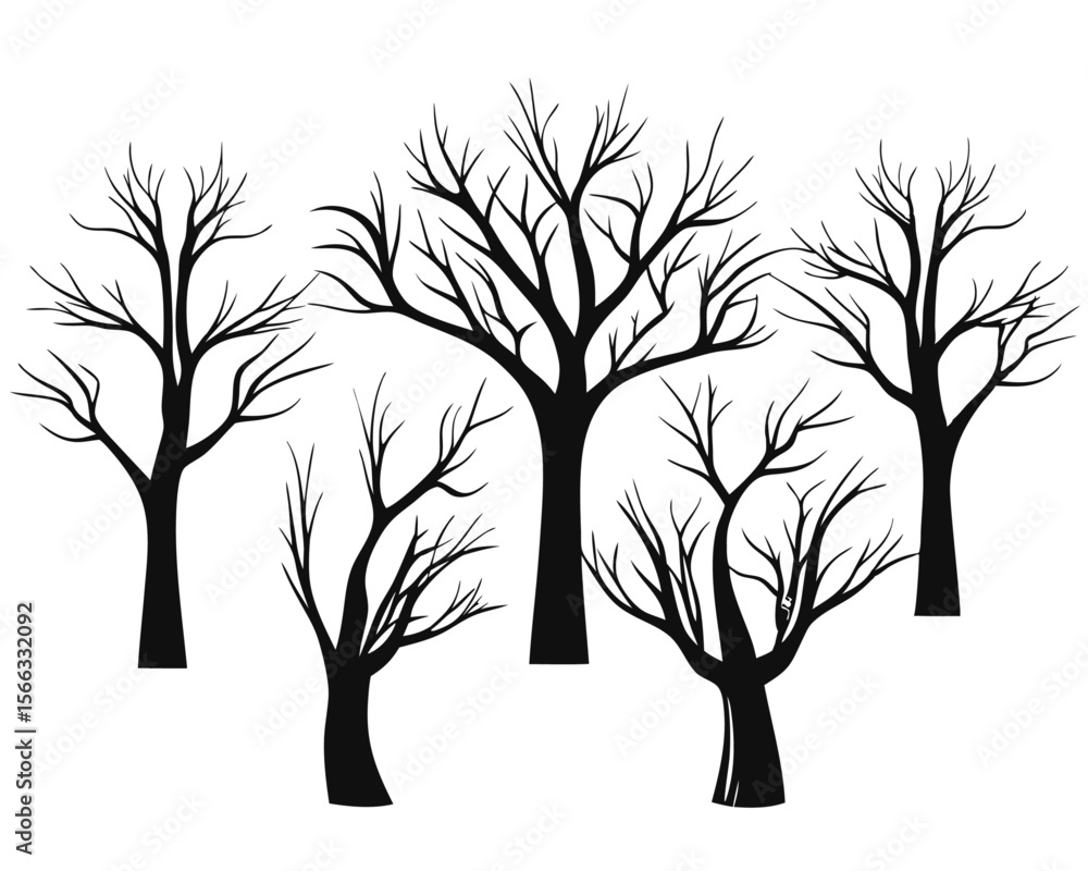 Poster a meticulously crafted collection of bare deciduous trees presented as a singular graphic element is