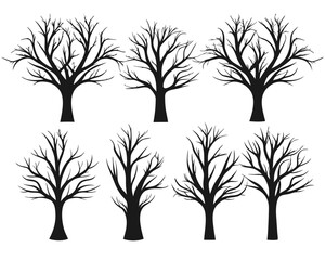 Obraz premium A curated assortment of bare deciduous trees meticulously rendered in striking black and white with subtle color accents presented on a clean white backdrop for versatile design applications