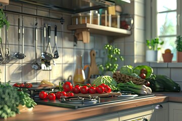 A Kitchen with a Stove a Bunch of Vegetables and a Stove Top with a Bunch of Tomatoes on it