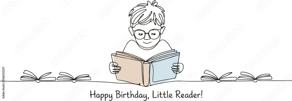 Poster continuous single line drawing of a little boy reading a book in minimal sketch style, isolated on w
