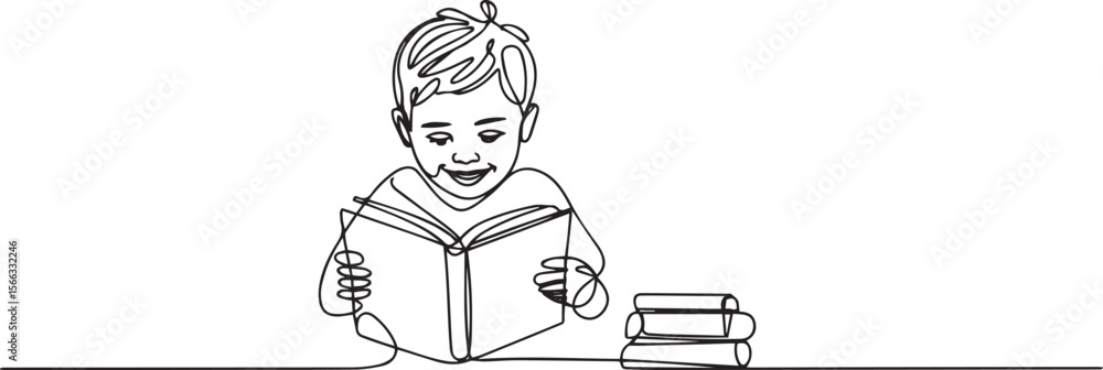 Poster continuous single line drawing of a little boy reading a book in minimal sketch style, isolated on w