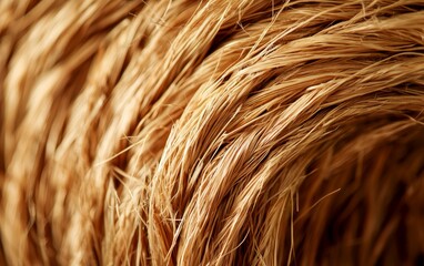Fototapeta premium Close-up image of coiled natural fiber ropes with detailed texture and warm brown tones.