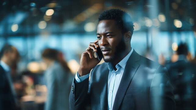 A businessman engaged in a phone call, reflecting professionalism and focus in a modern office setting. - Powered by Adobe