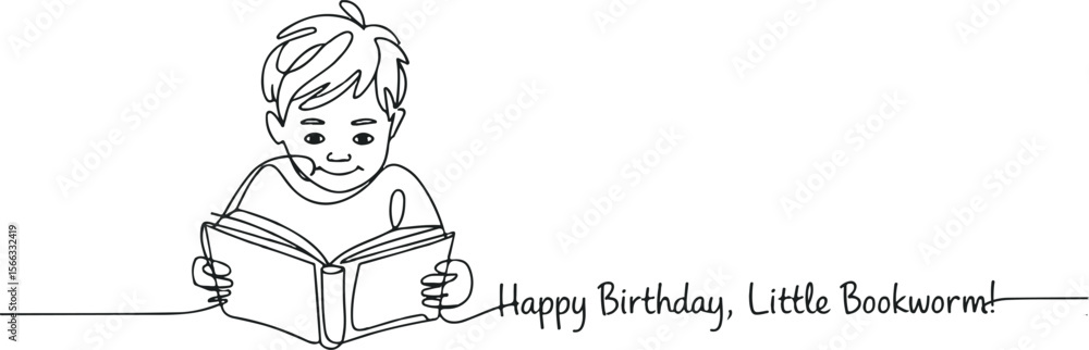 Poster continuous single line drawing of a little boy reading a book in minimal sketch style, isolated on w
