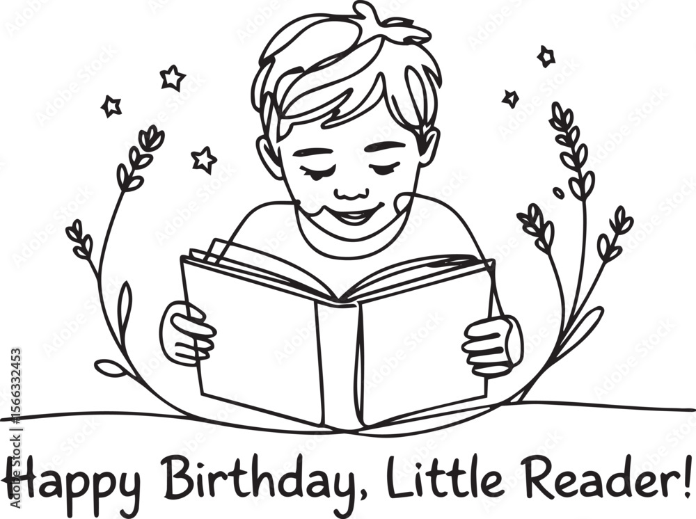 Poster continuous single line drawing of a little boy reading a book in minimal sketch style, isolated on w