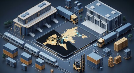Isometric style scene shows a transportation network with trucks, trains, and buildings connected to a global map, conveying efficiency and worldwide distribution, ideal for supply chain and business 
