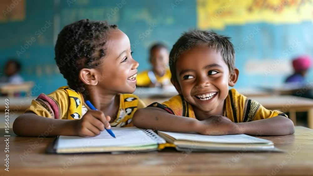 Poster Two cheerful pupils smiling and posing together at their school desk, radiating enthusiasm for learning and showcasing their joy for education in a vibrant classroom setting