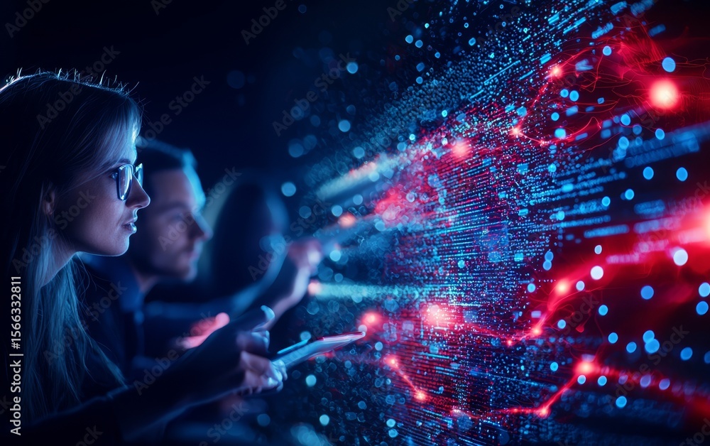 Poster two people analyzing or interacting with a digital data network projection filled with glowing nodes