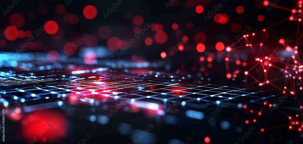 Poster a futuristic digital network with glowing red and blue nodes and connecting lines on a dark backgrou