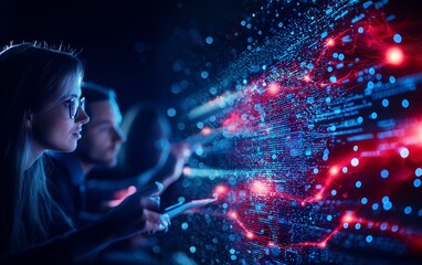 Two people analyzing or interacting with a digital data network projection filled with glowing nodes and connecting lines in a dark environment.