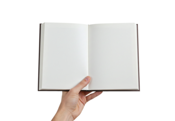 Hand showing/holding open blank book mockup isolated on a transparent background