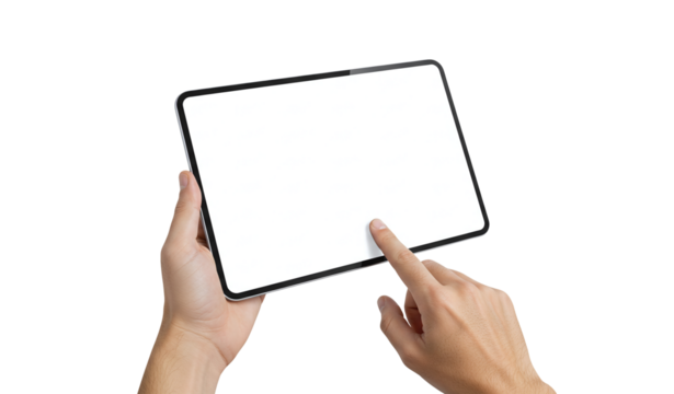 Hands holding digital tablet/notebook mockup isolated on a transparent background
