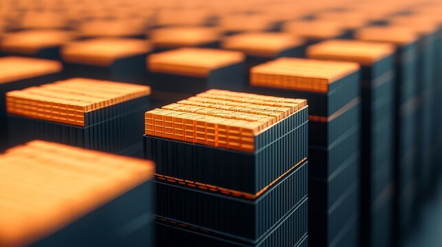 A close-up of a digital abstract cityscape with glowing orange and black cubic structures arranged in a grid pattern.
