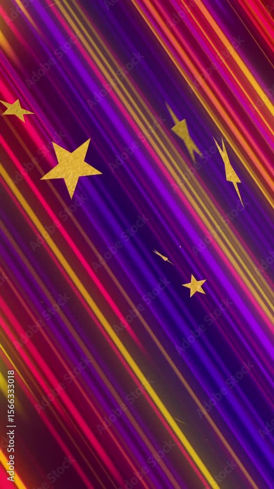 Poster animation of yellow stars and multicoloured stripes pattern moving on seamless loop