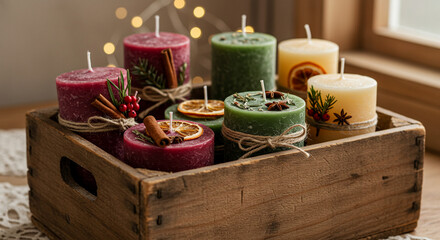 Colorful scented candles arranged in a wooden basket on table  