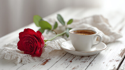A serene setting featuring a cup of coffee and a vibrant red rose on a rustic wooden table, evoking feelings of warmth and tranquility.