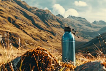 High Definition Visual of Reusable Water Bottle in Scenic Mountain Landscape