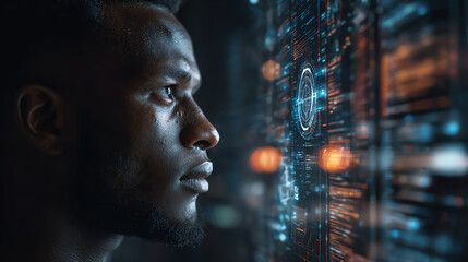 A focused individual analyzes digital data on a futuristic interface, highlighting the intersection of humanity and technology.