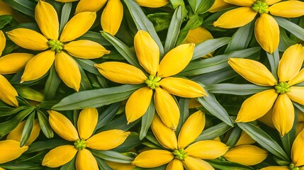 Obraz premium Vibrant Yellow Flowers Blooming Lush Green Leaves Botanical Background