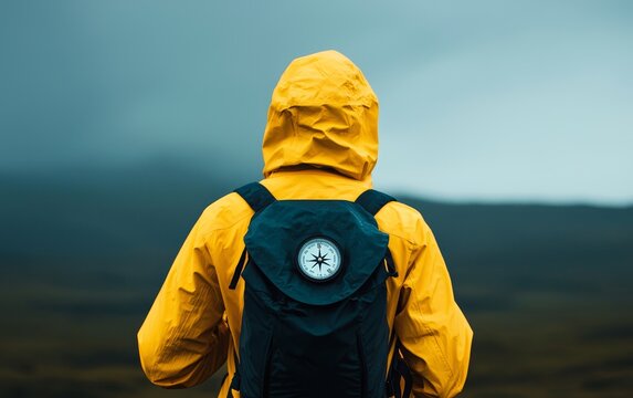 A person wearing a yellow rain jacket and carrying a black backpack with a compass on it, standing outdoors in a misty, natural landscape.