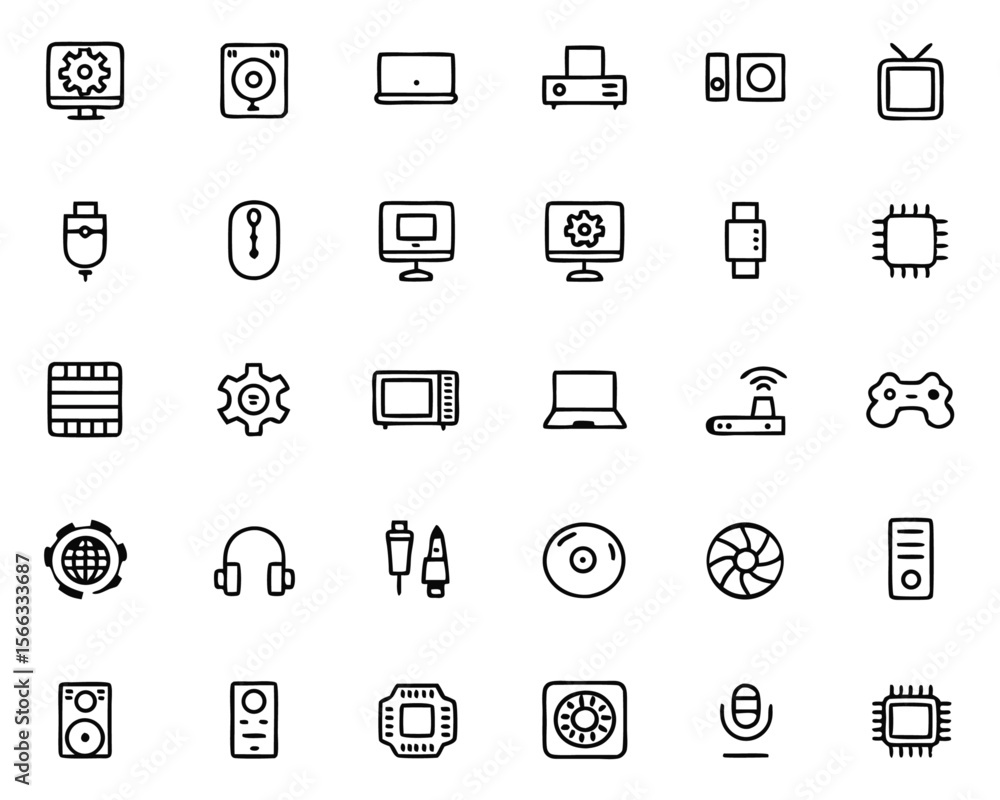 Poster comprehensive collection of clean modern line graphics representing various computer hardware compon